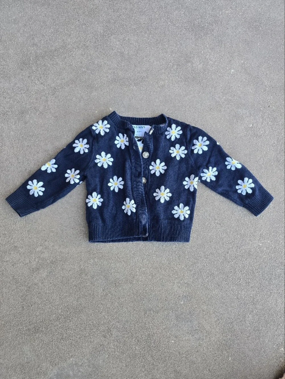 Old Navy Girl's Navy Daisy Knit Cardigan with White & Yellow Flower Accents